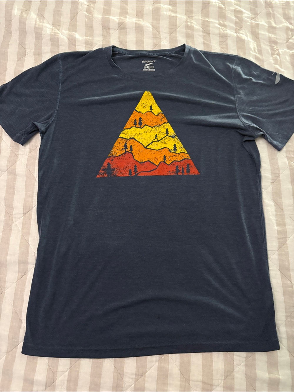 Brooks Navy Short Sleeve Tee with Red, Orange, Yellow Mountain Graphic